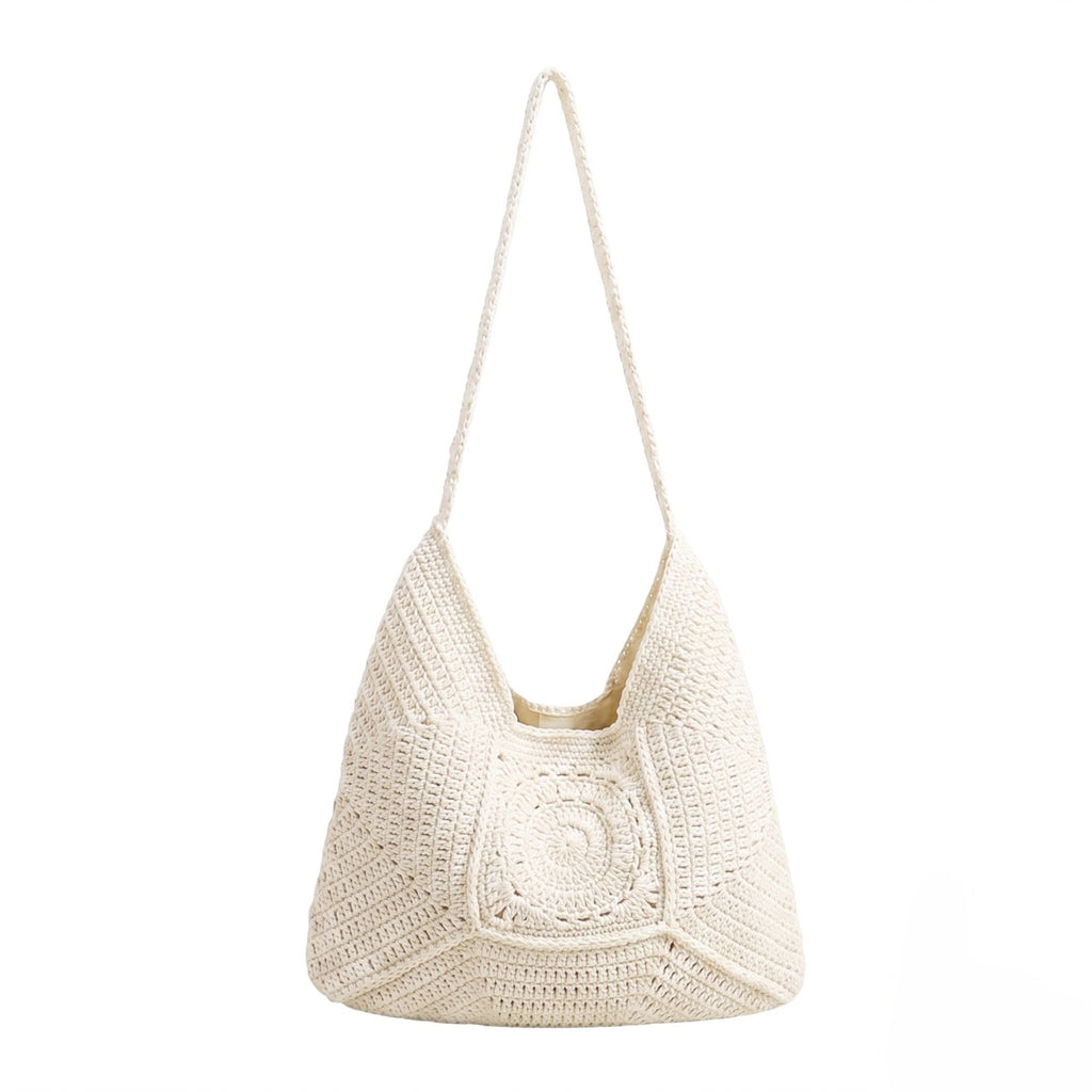 Woven Crochet Shoulder Bag with Geometric Pattern Slouchy Hobo Lightweight Knit Handbag