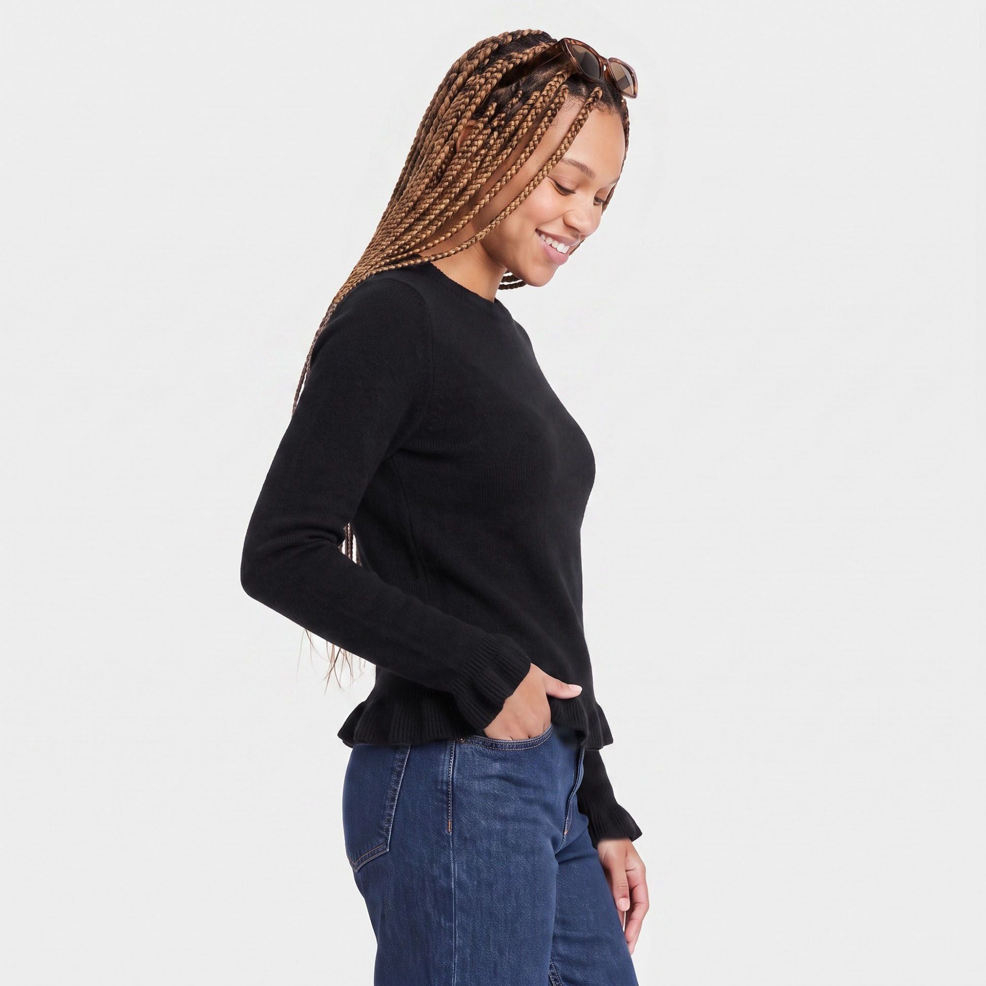 Ruffle Hem Crew Neck Long Sleeve Knit Sweater