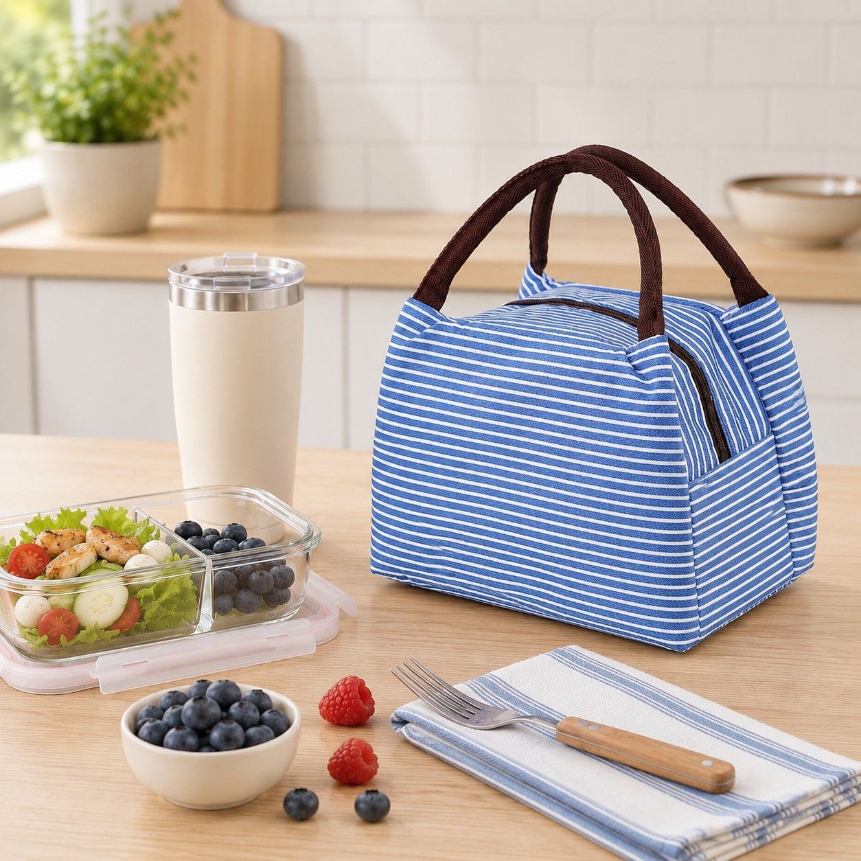 Insulated Striped Lunch Bag Reusable Soft Cooler Tote for Work School Picnic