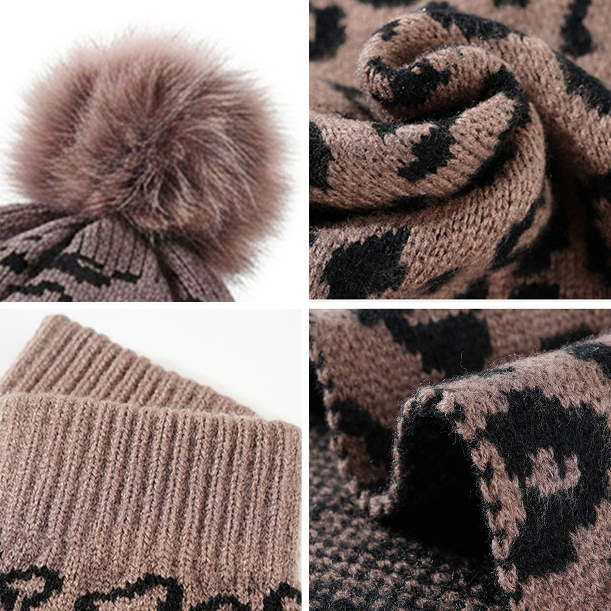 3 Piece Leopard Print Pom Beanie Scarf and Touchscreen Gloves Set