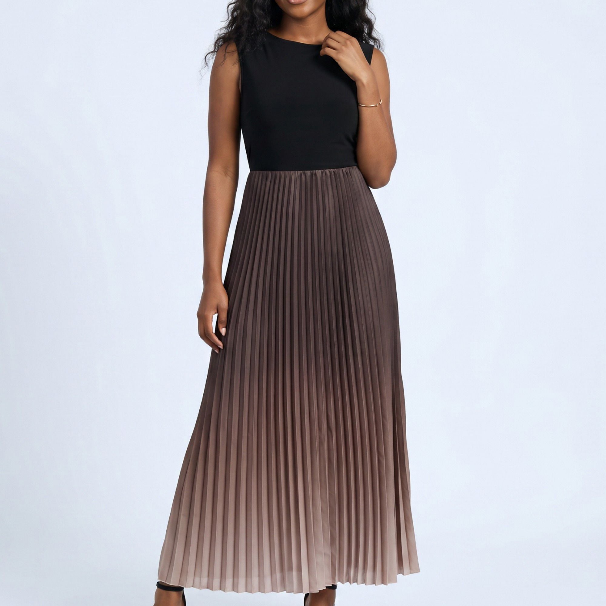 Anna-Kaci Women's Sleeveless High Neck Pleated Ombre A-Line Maxi Dress with Flowy Skirt