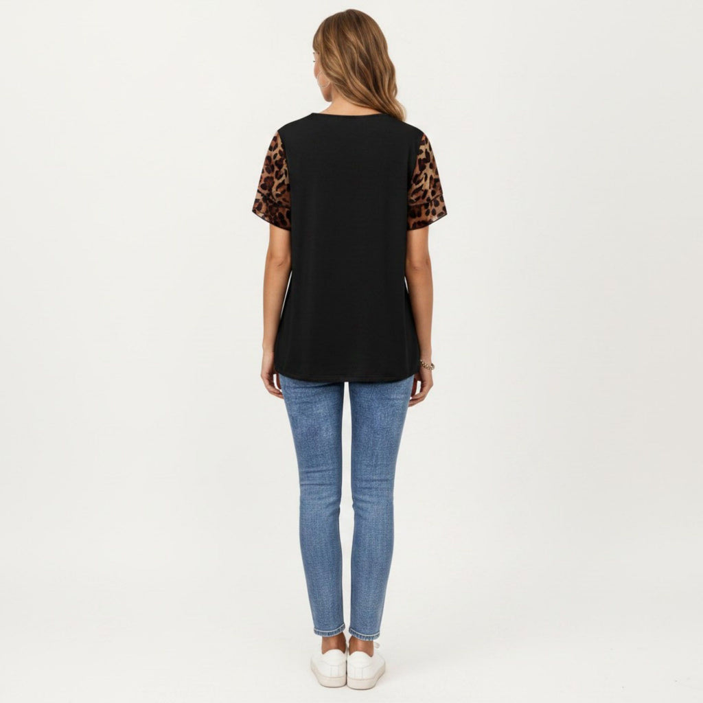 Anna-Kaci Women's Short Sleeve Top with Leopard Print Mesh Sleeves Round Neck Relaxed Fit Casual Shirt