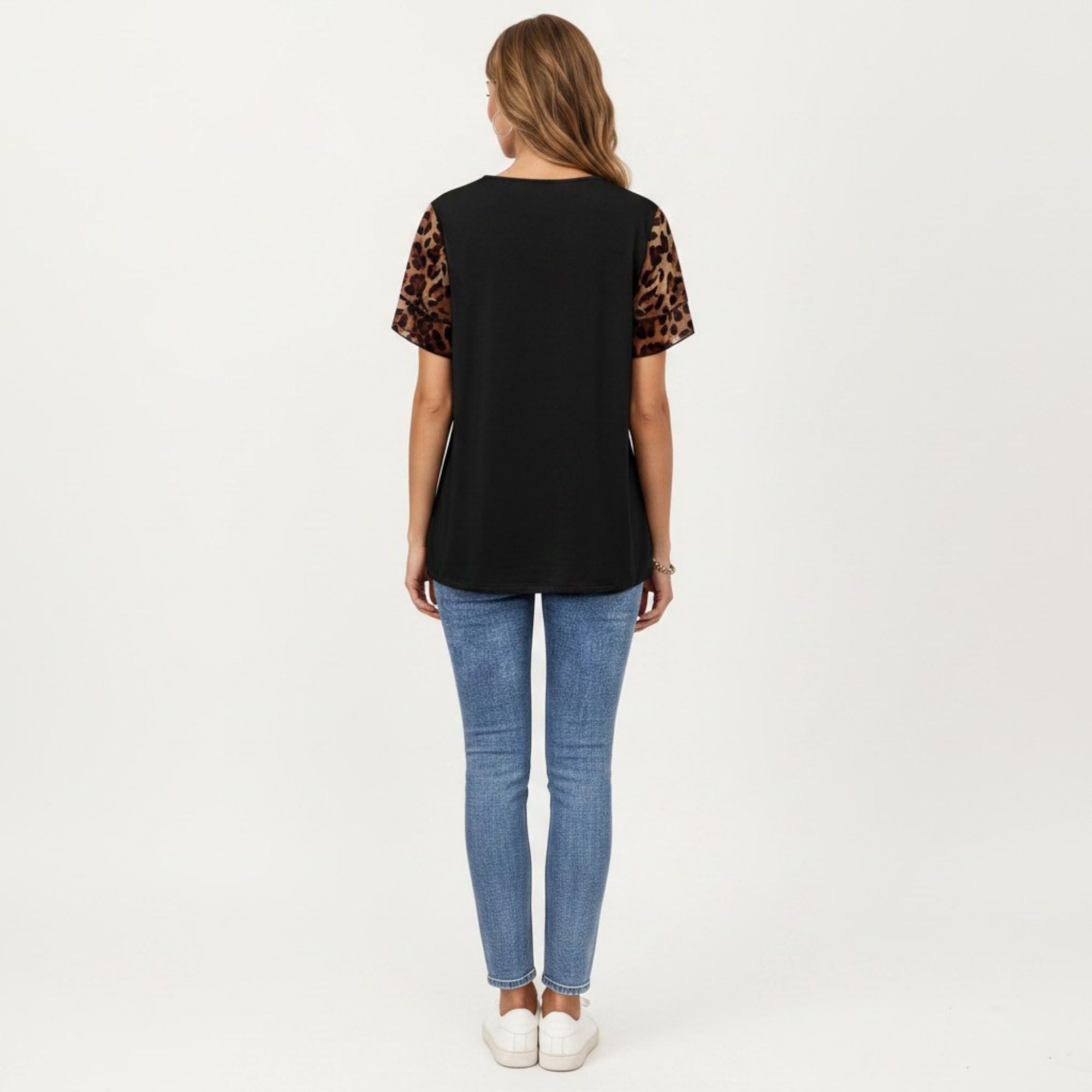 Anna-Kaci Women's Short Sleeve Top with Leopard Print Mesh Sleeves Round Neck Relaxed Fit Casual Shirt