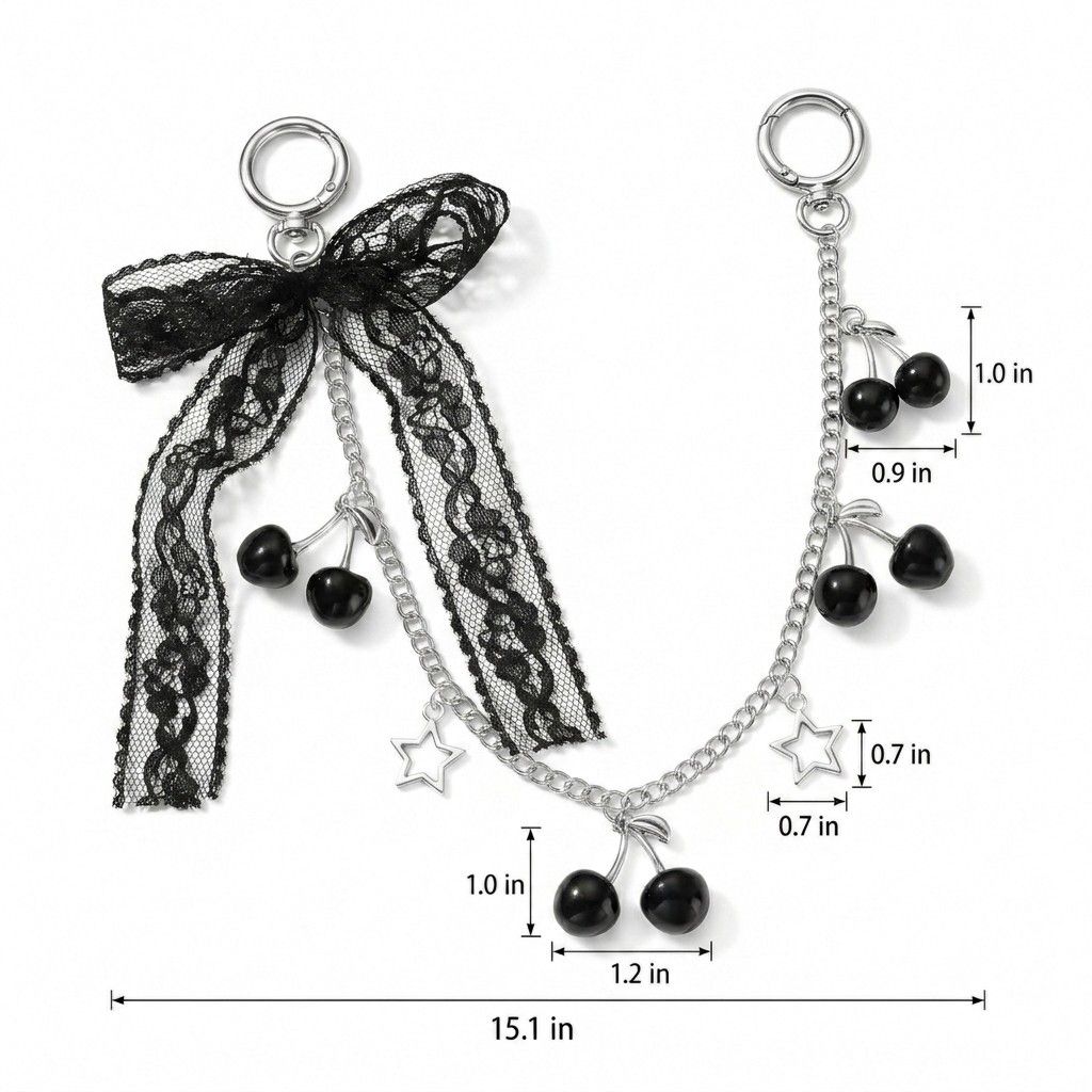 Lace Bow Cherry Bag Chain Charm with Heart Accents and Double Ring Clasps