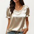 Anna-Kaci Women's Satin Faux Pearl Neck Top with Puff Sleeves and Smooth Draped Finish
