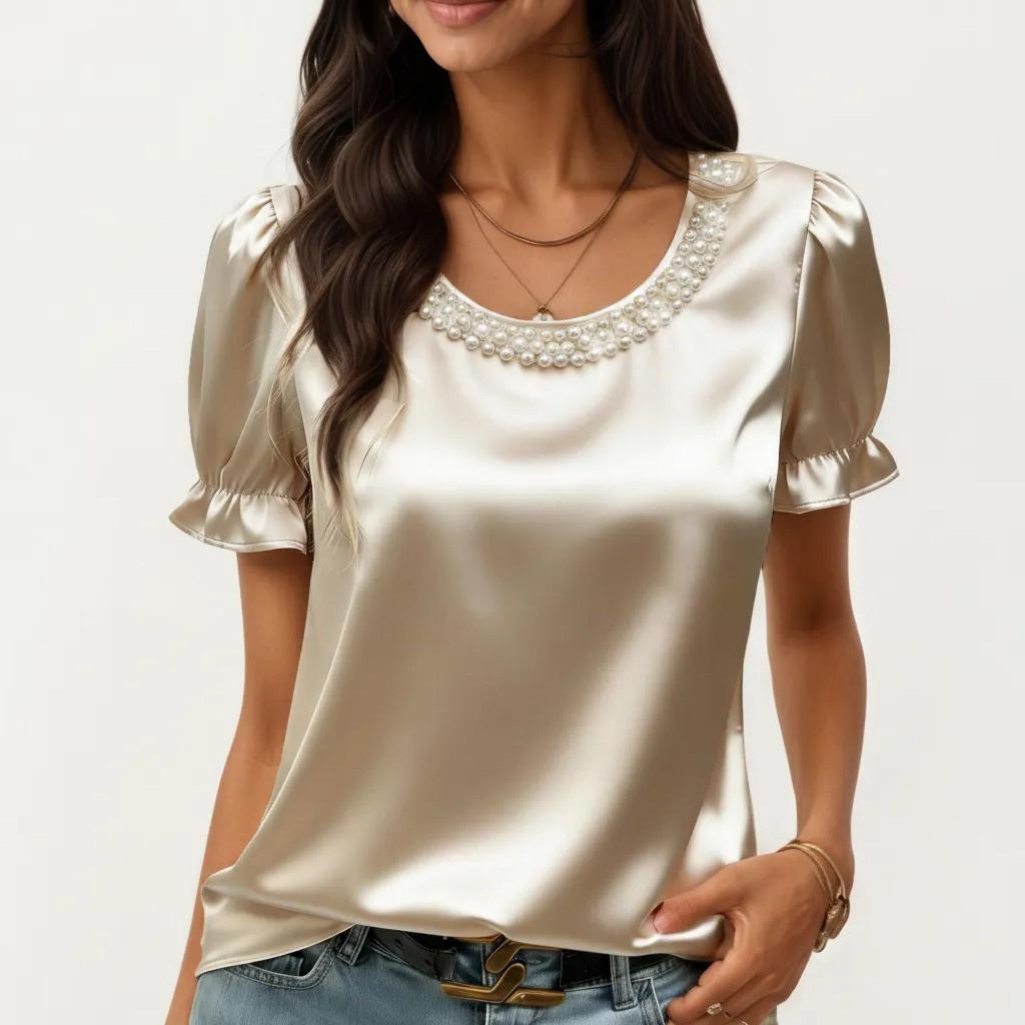 Anna-Kaci Women's Satin Faux Pearl Neck Top with Puff Sleeves and Smooth Draped Finish