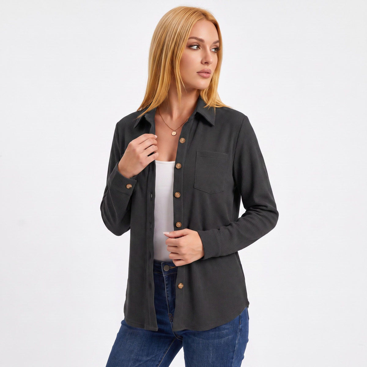 Textured Button Front Long Sleeve Shirt with Chest Pocket