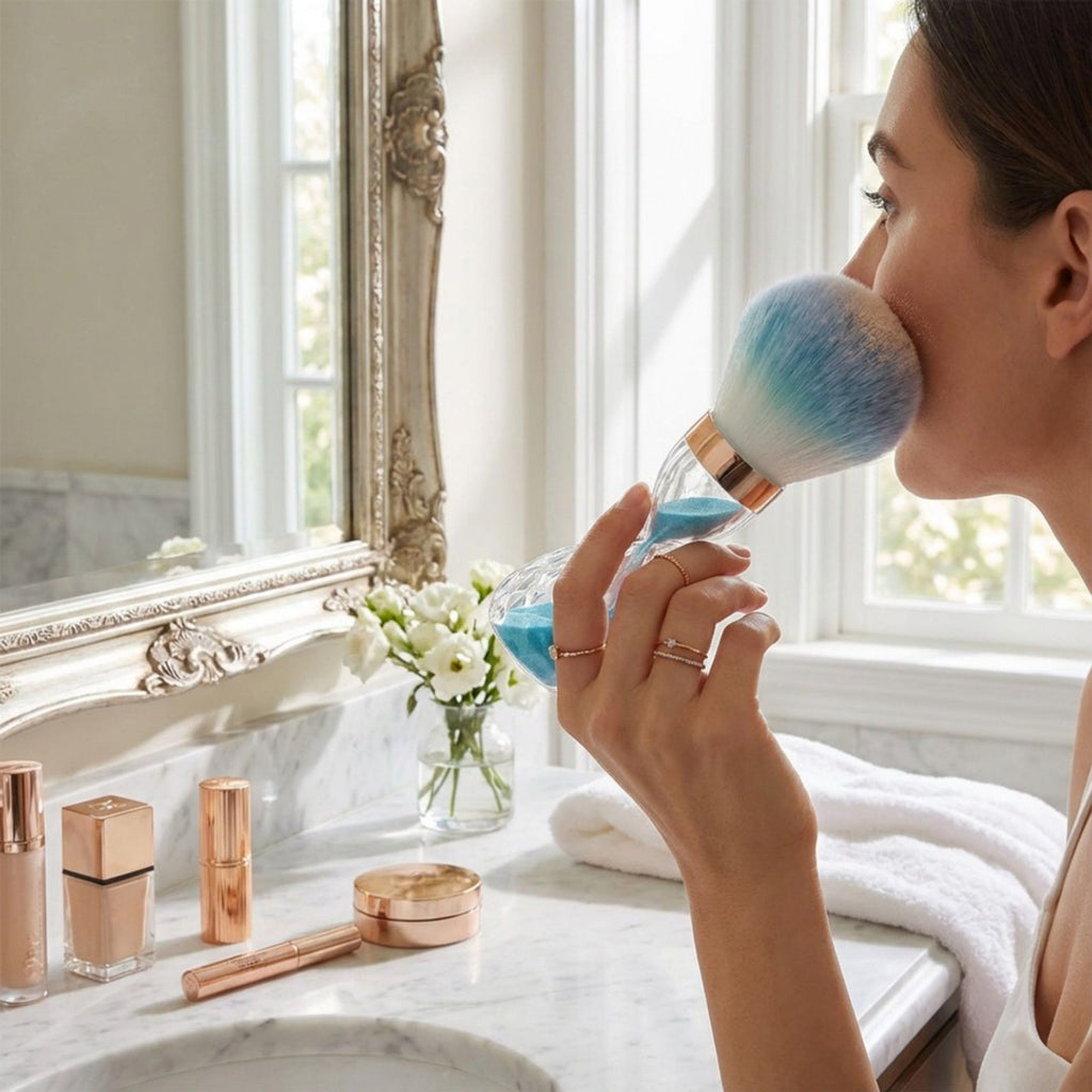 Hourglass Handle Face Powder Brush with Soft Synthetic Bristles and Decorative Clear Base