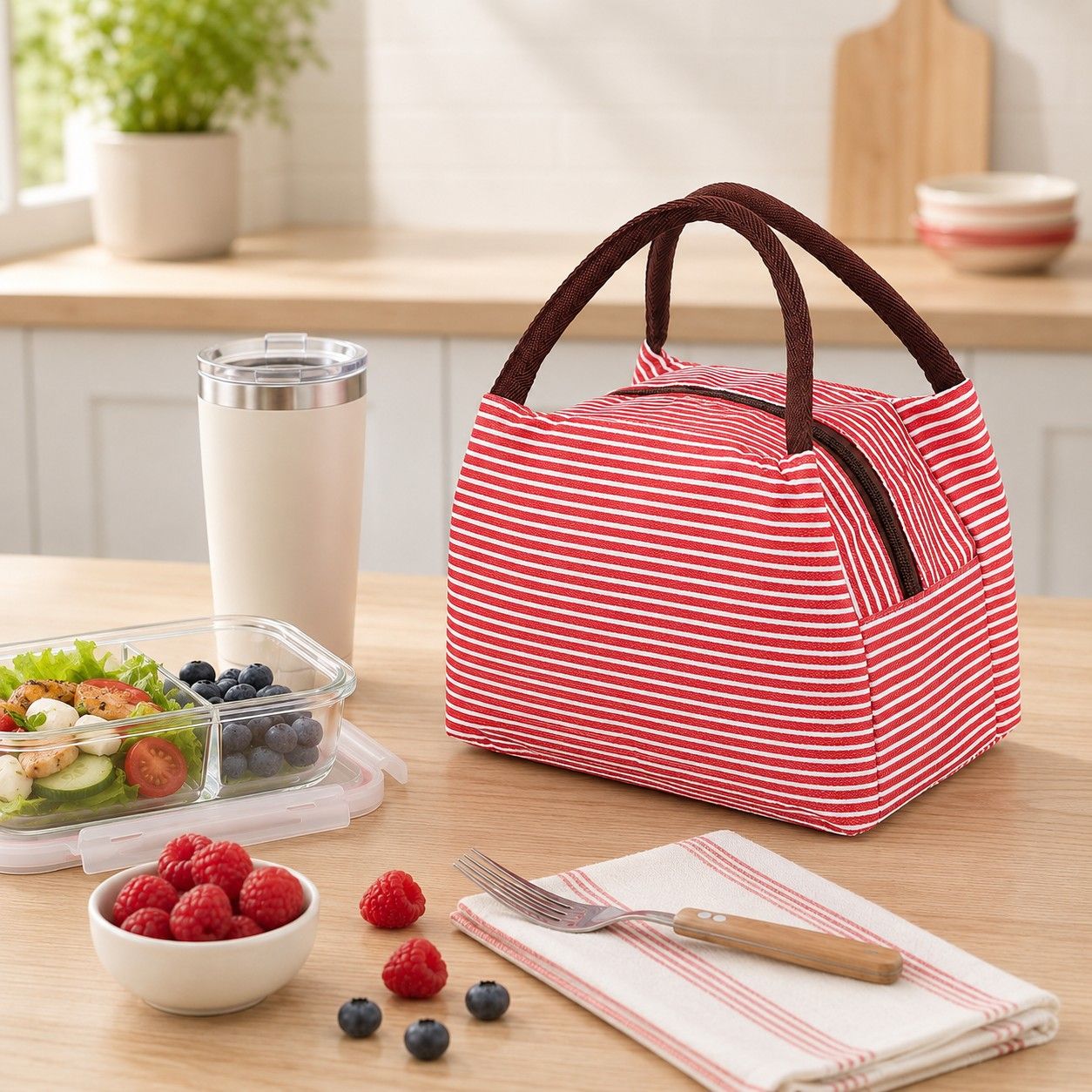 Insulated Striped Lunch Bag Reusable Soft Cooler Tote for Work School Picnic
