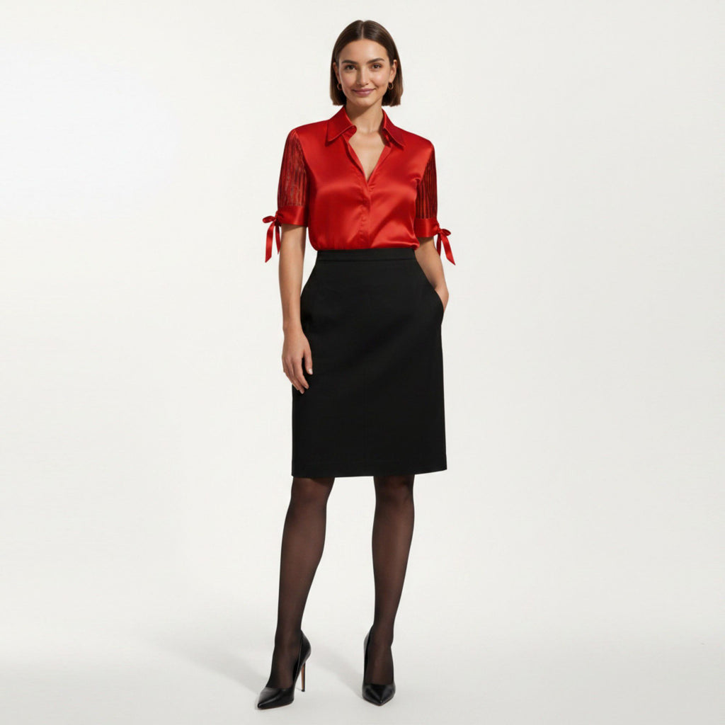 Anna-Kaci Women's Satin Collared Blouse with Sheer Stripe Sleeves and Bow Tie Cuffs