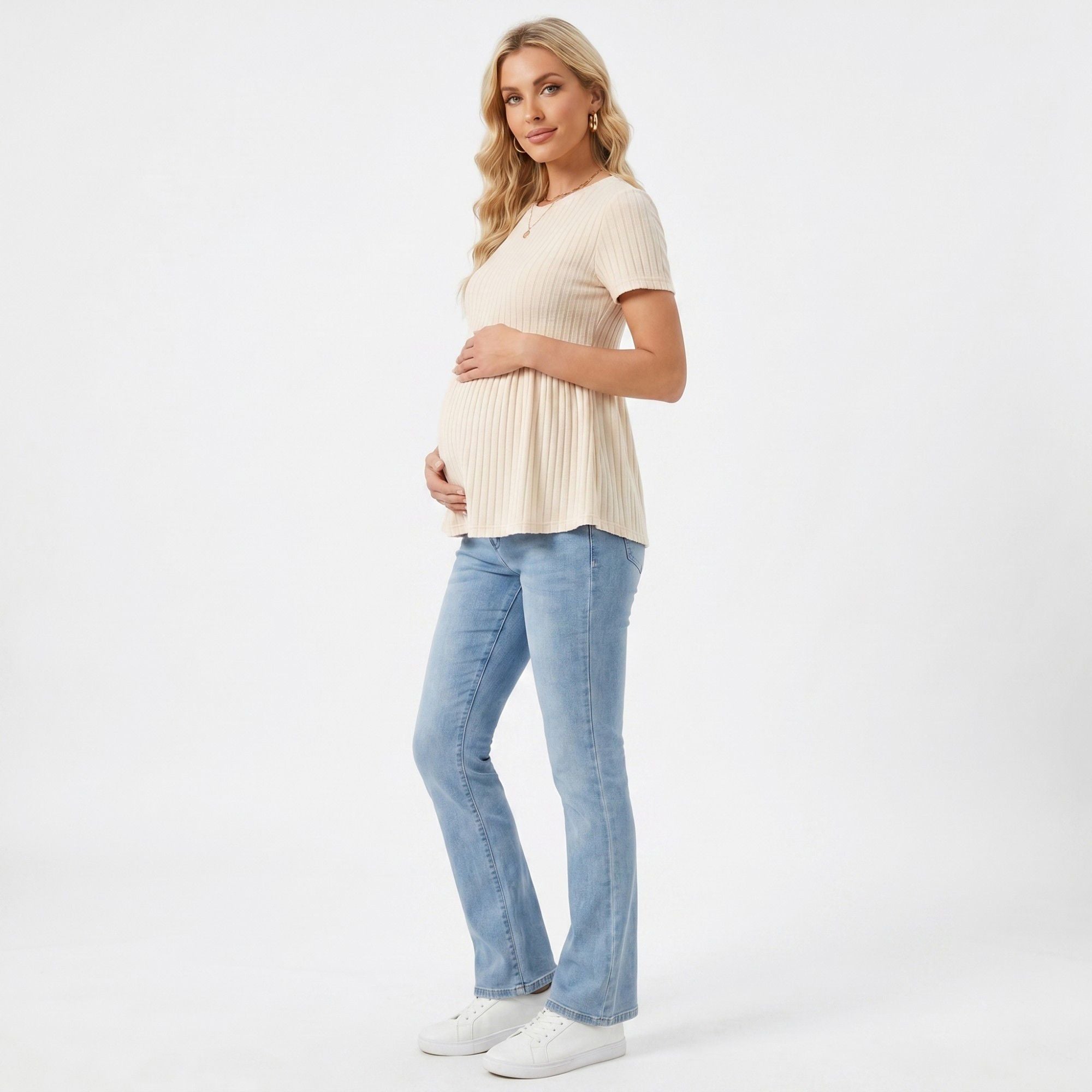 Anna-Kaci Women's Short Sleeve Rib Knit Peplum Maternity Top with Round Neck