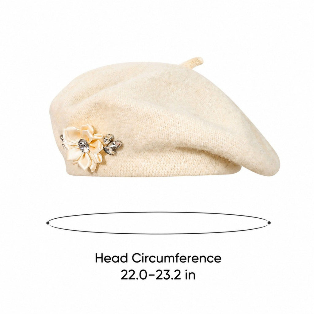 Rhinestone & Flower Embellished Knit Wool Beret