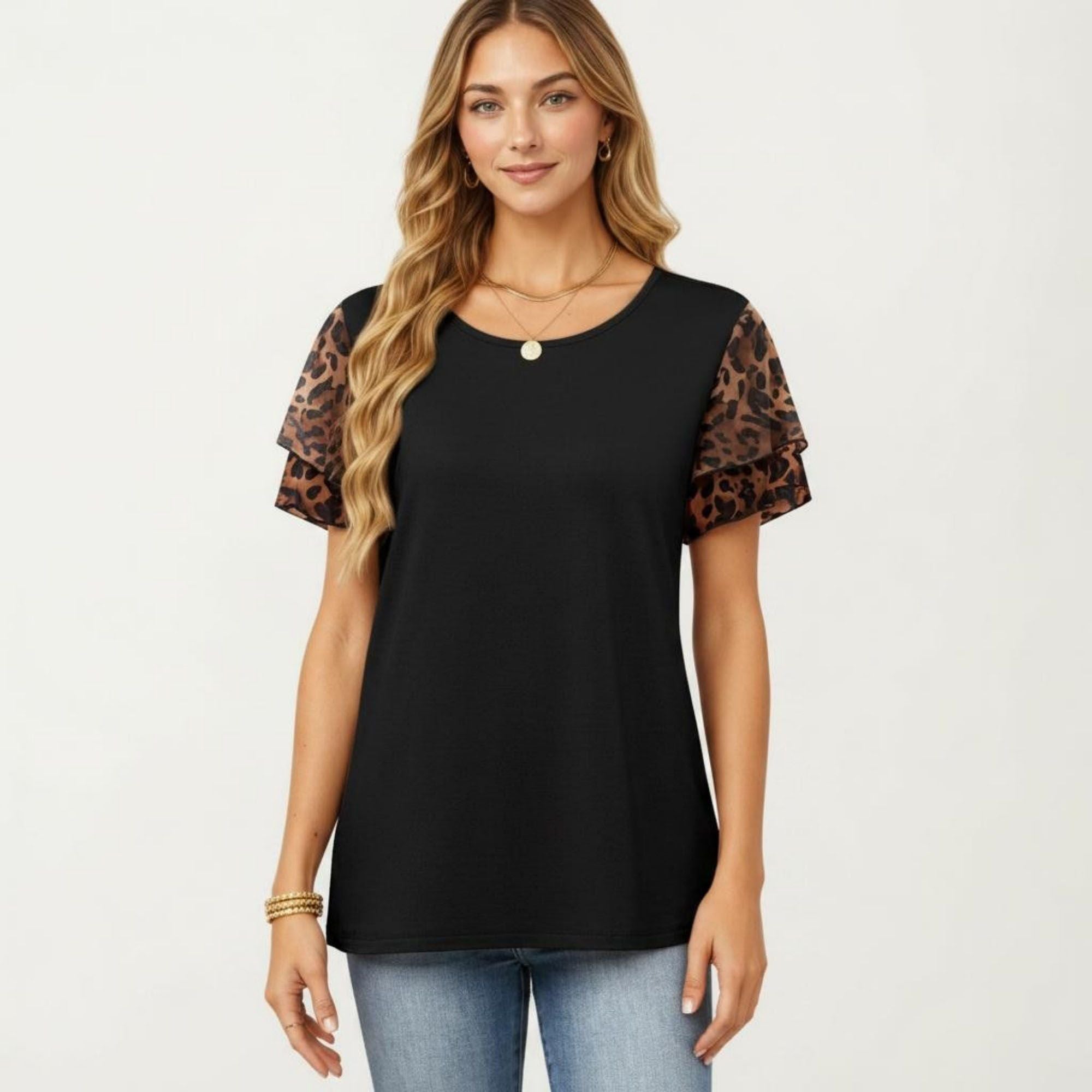 Anna-Kaci Women's Short Sleeve Top with Leopard Print Mesh Sleeves Round Neck Relaxed Fit Casual Shirt