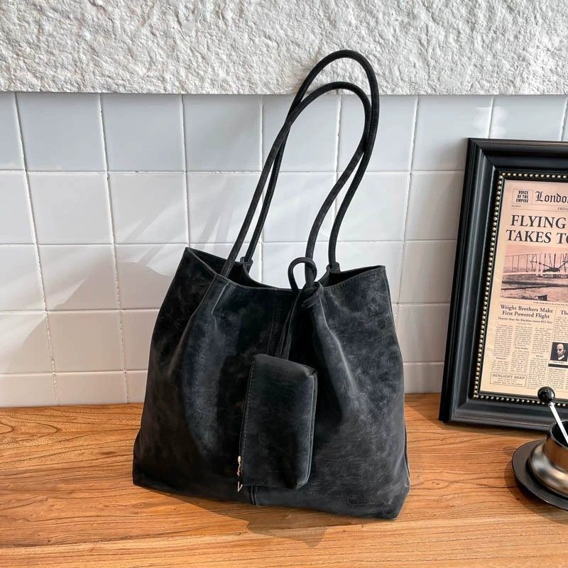Soft PU Leather Tote Bag with Removable Pouch and Shoulder Handles