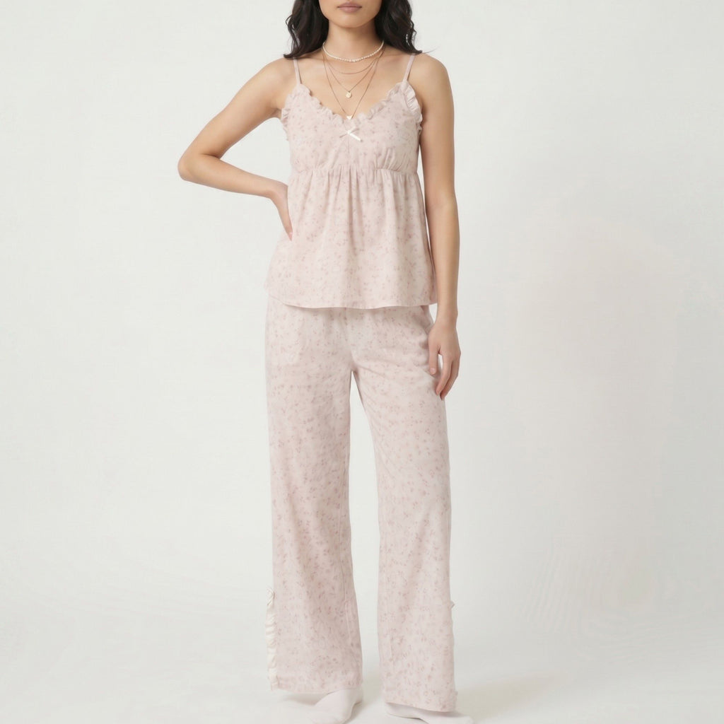 2-Piece Floral Ruffle Cami Top and Wide Leg Pants Sleepwear Lounge Set with Bow Detail and Relaxed Fit