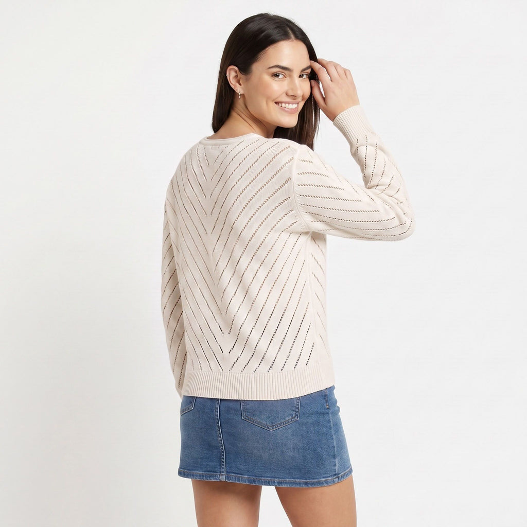 Chevron Pointelle V-Neck Long Sleeve Knit Sweater