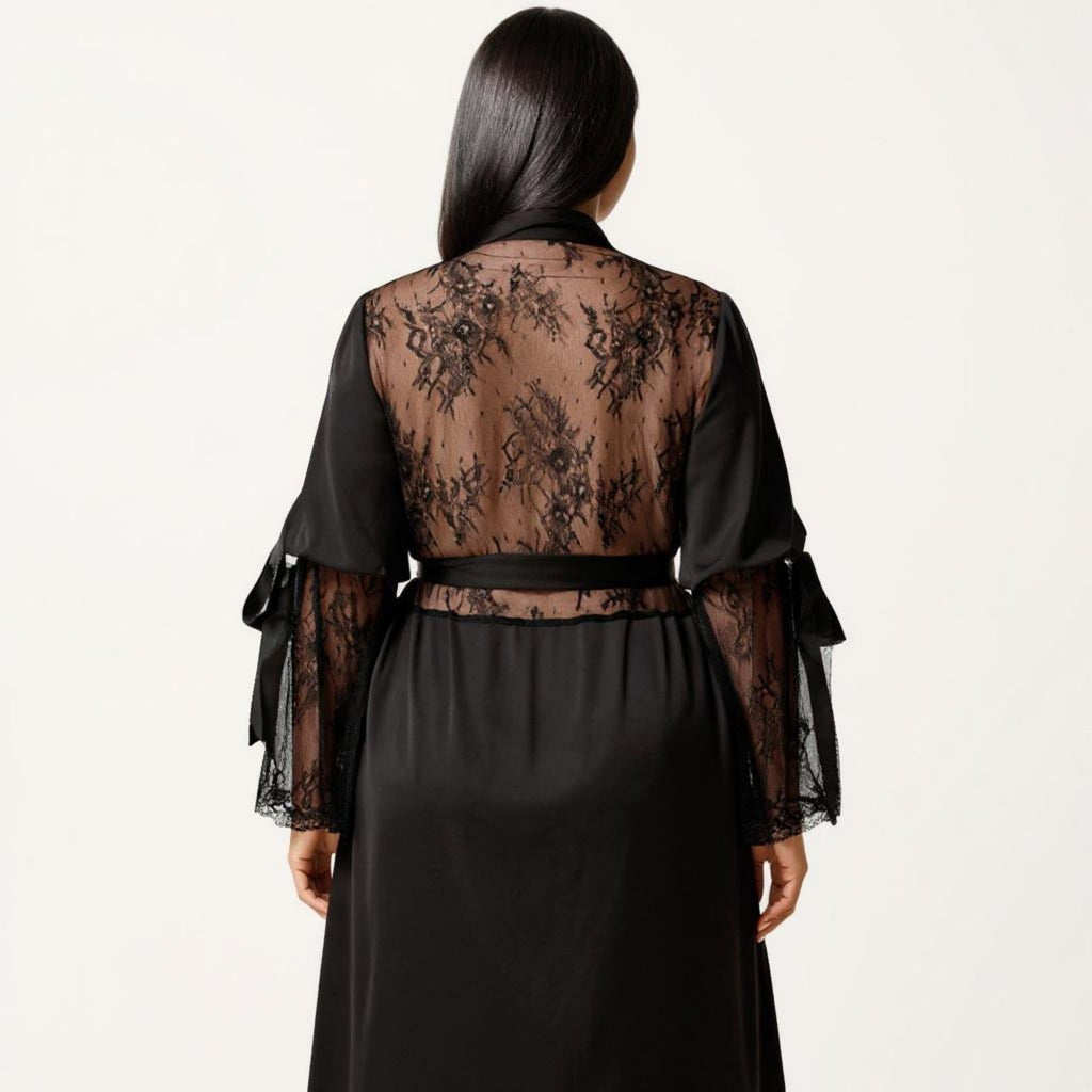Anna-Kaci Lounge Women's Plus Size Long Satin Robe Lace Sleeve Wrap Nightgown Belted Kimono Sleepwear