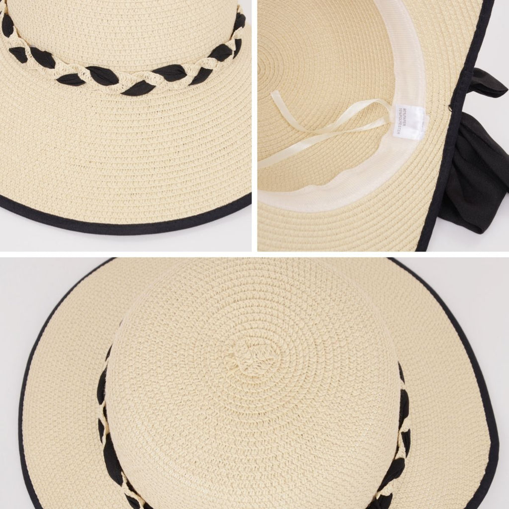Anna-Kaci Women's Wide Brim Straw Hat with Braided Band and Contrast Bow Detail