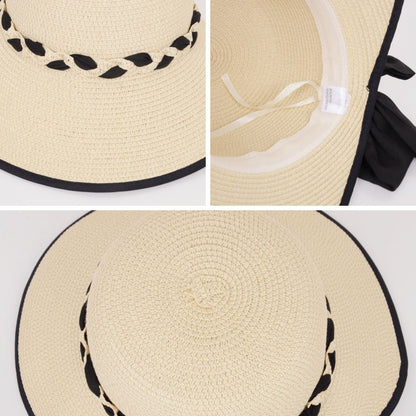 Anna-Kaci Women's Wide Brim Straw Hat with Braided Band and Contrast Bow Detail