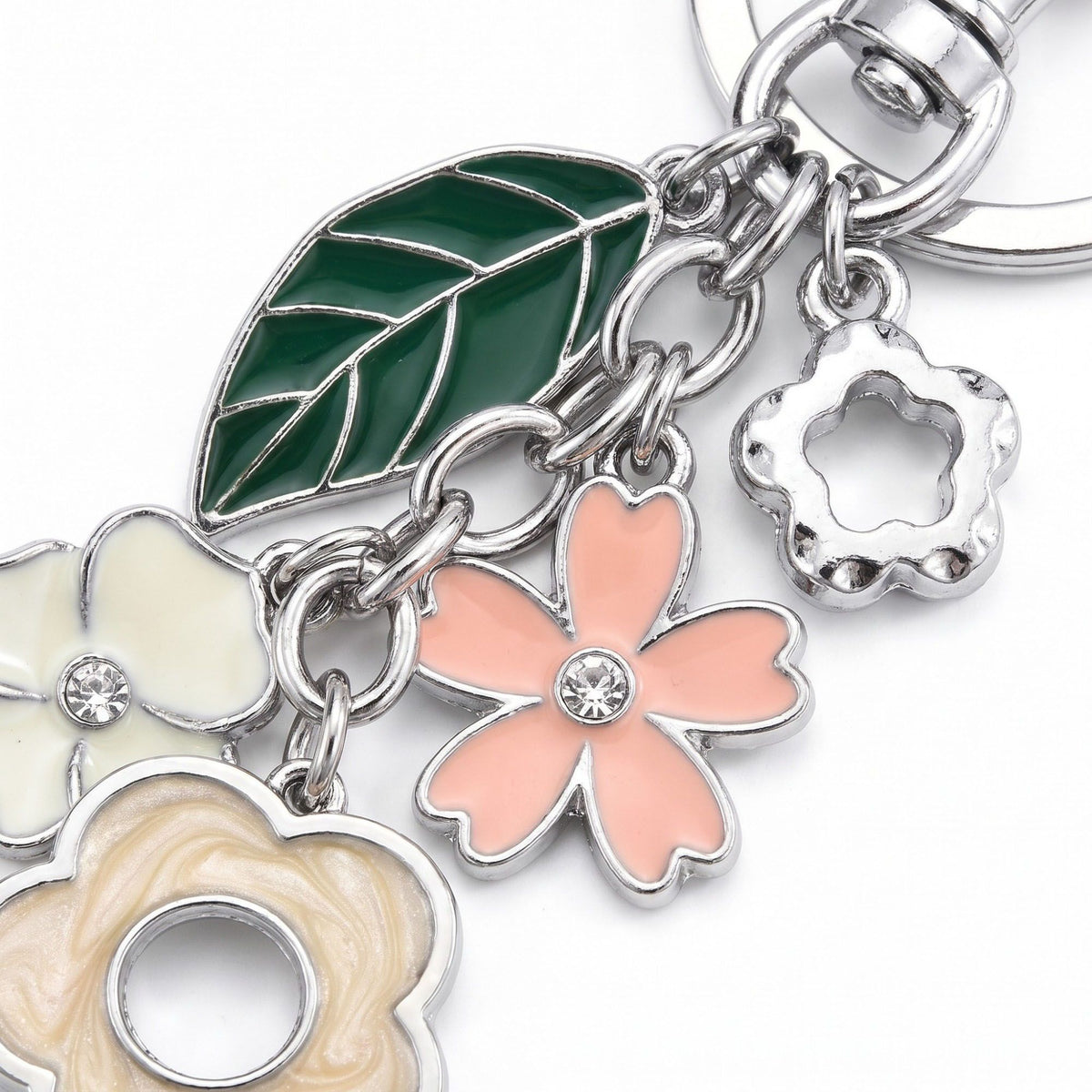 Floral Bag Charm Keychain with Leaf and Flower Pendants