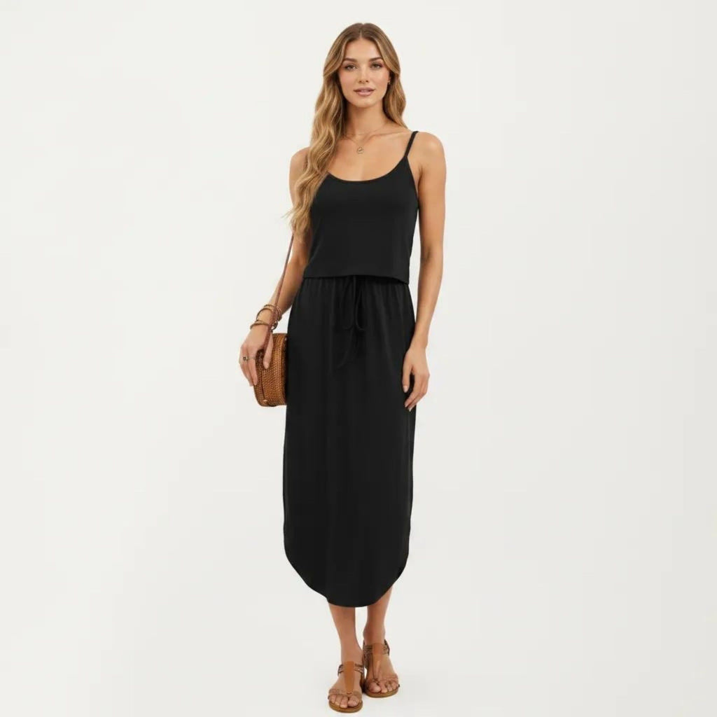 Anna-Kaci Women's Sleeveless Midi Dress with Spaghetti Straps and Adjustable Drawstring Waist Relaxed Fit Silhouette