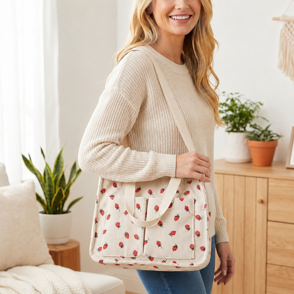 Canvas Strawberry Print Tote Bag with Shoulder Strap and Side Pockets