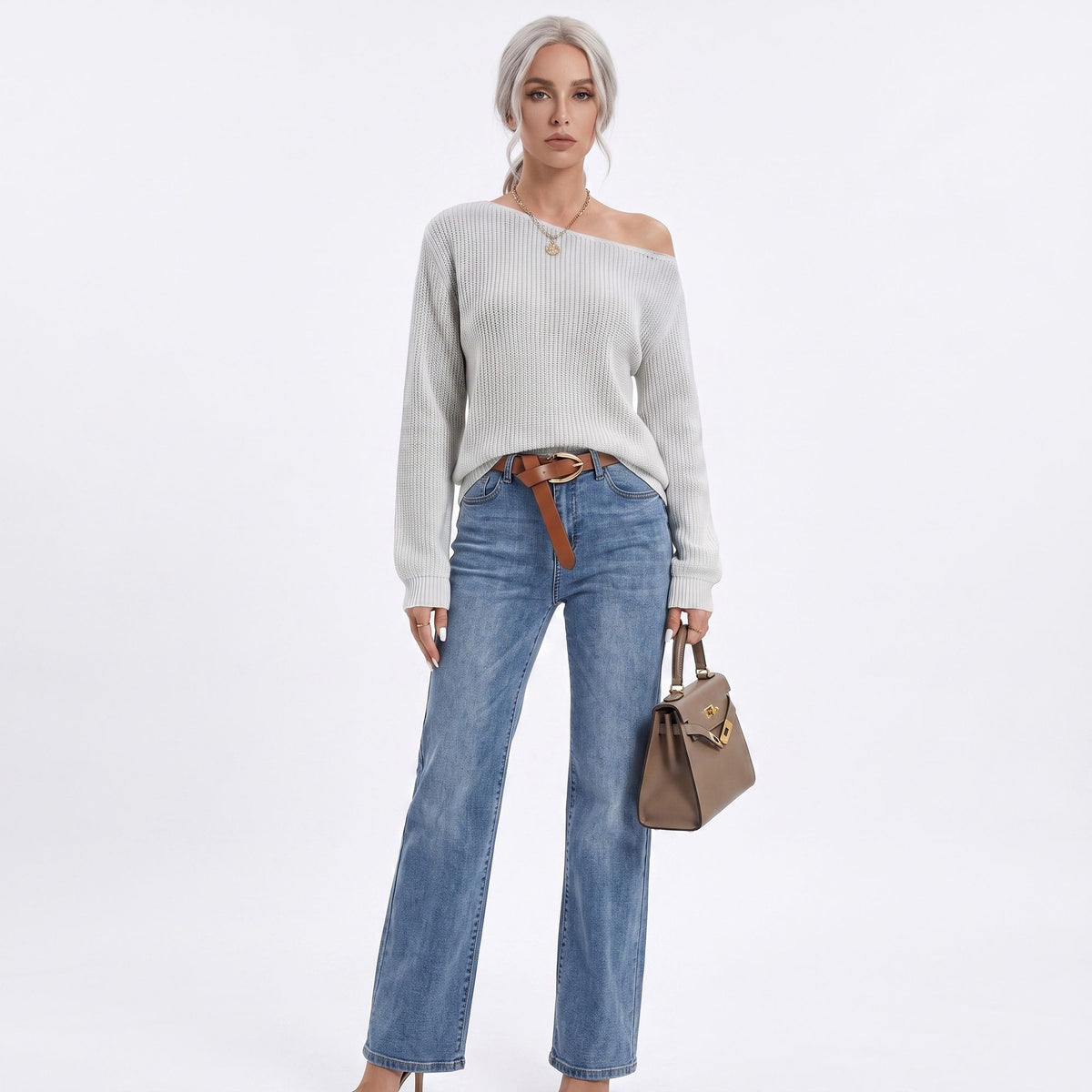 Oversized Off Shoulder Long Sleeve Knit Pullover Sweater