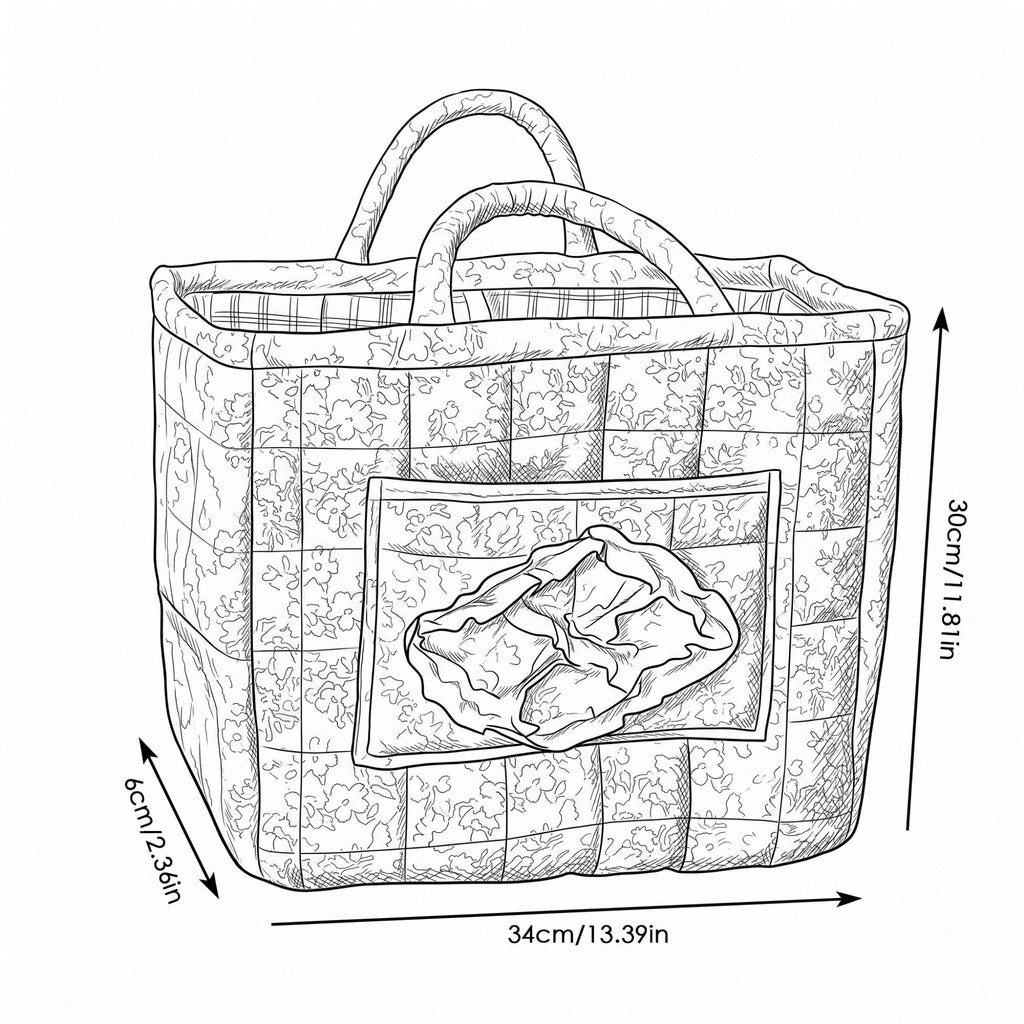 Floral Quilted Storage Tote with Handles and Front Pocket
