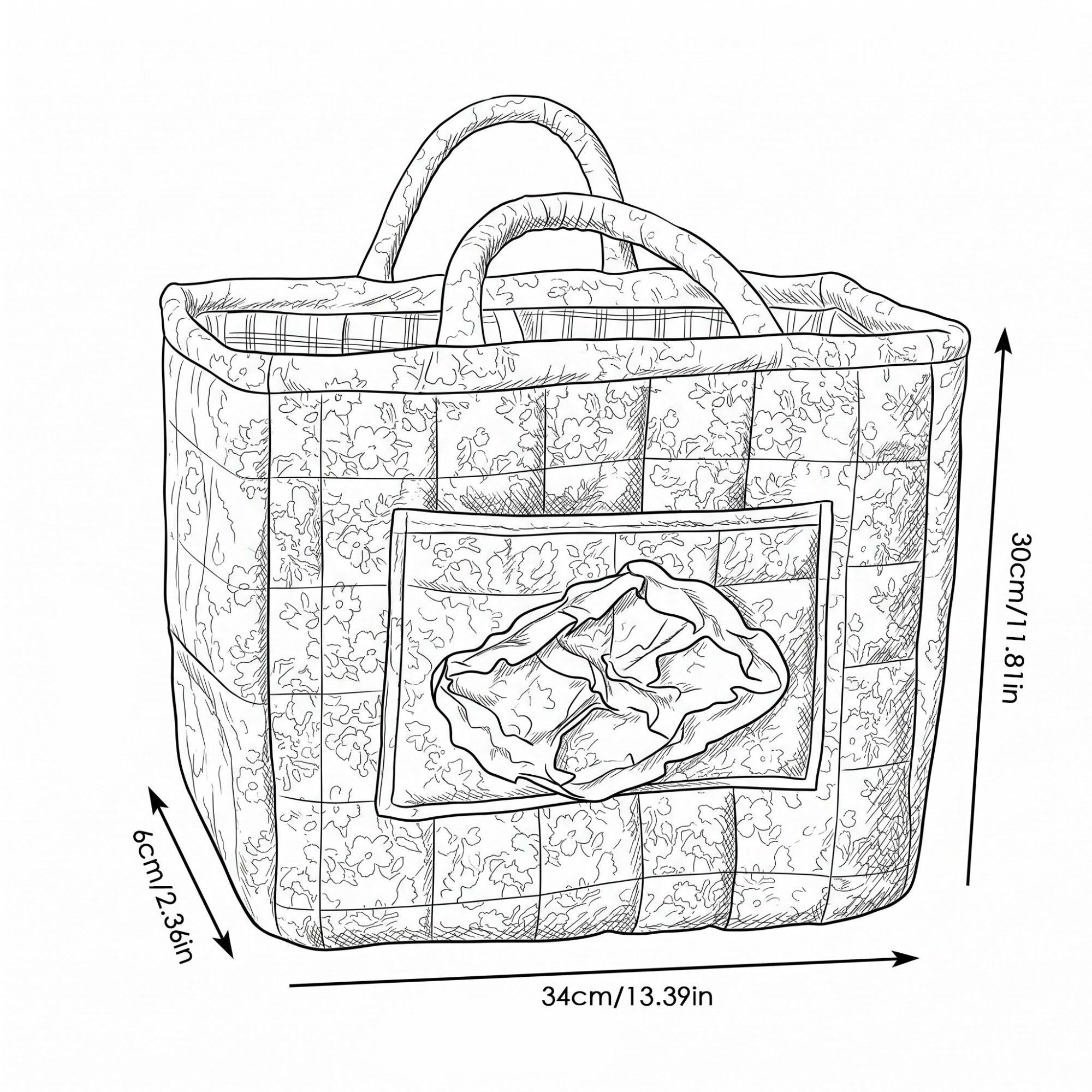Floral Quilted Storage Tote with Handles and Front Pocket