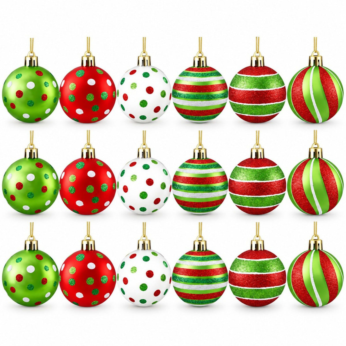 12ct Striped and Polka Dot Christmas Ball Ornament Set Red Green and White