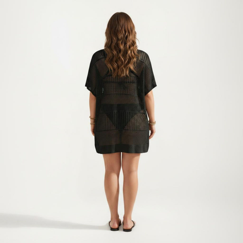 Anna-Kaci Women's Mesh Swim Cover Up Dress with Open Knit Design Collared Neckline Short Sleeves Relaxed Fit