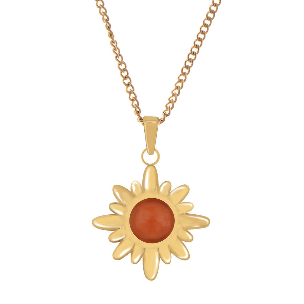 Women's Stainless Steel Fashion Necklace with 18K Gold Plated Sun Pendant, Orange Acrylic Stone, Adjustable Chain, Unique Design