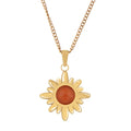 Women's Stainless Steel Fashion Necklace with 18K Gold Plated Sun Pendant, Orange Acrylic Stone, Adjustable Chain, Unique Design