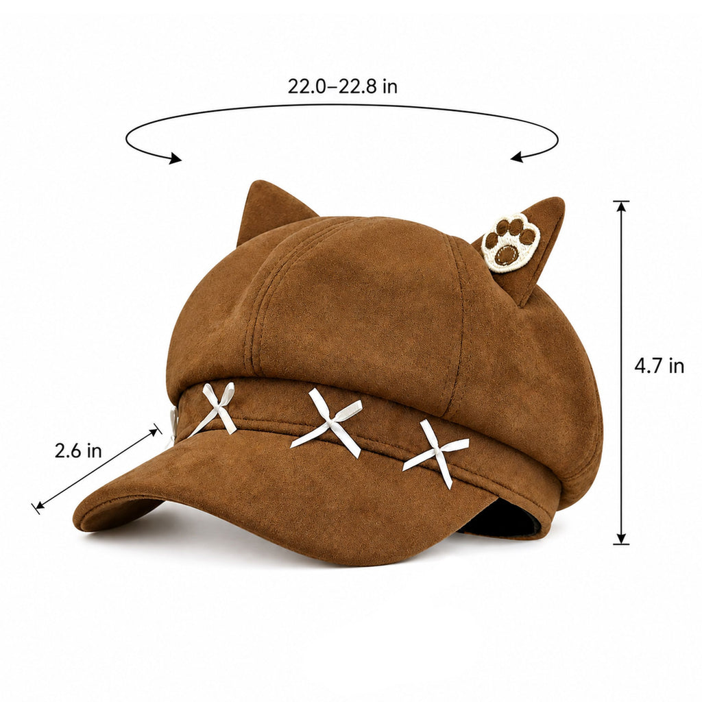 Cat Ear Newsboy Cap Cute Baker Boy Hat Bow Detail Short Brim Casual Style