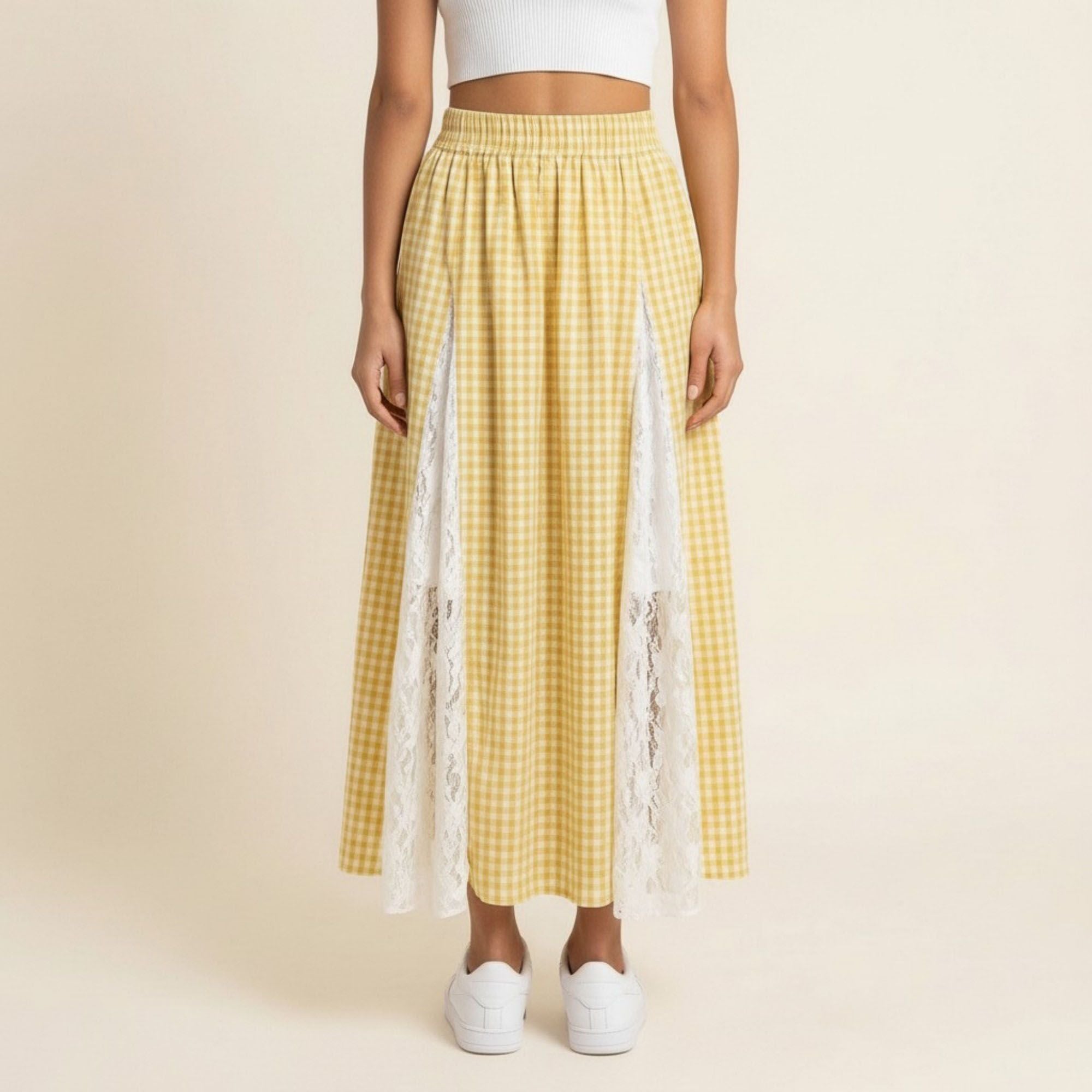 Anna-Kaci Women's Gingham Maxi Skirt Lace Panel High Waist A Line Flowy Lightweight Casual Skirt
