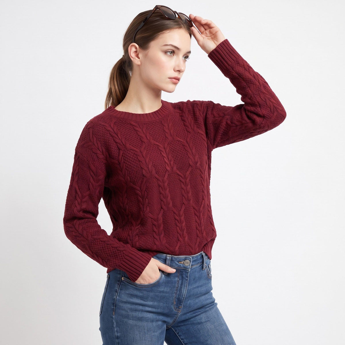 Cable Knit Crewneck Pullover Sweater