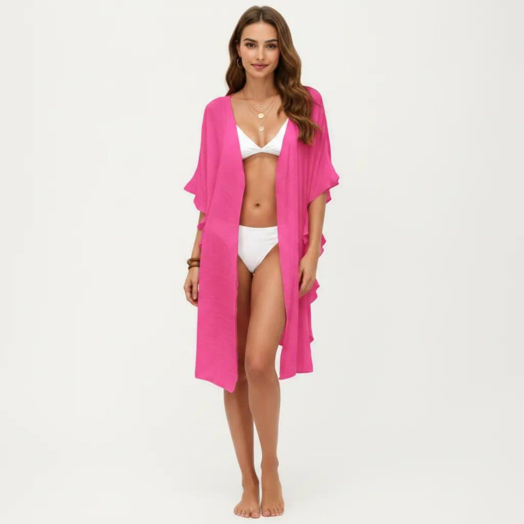 Anna-Kaci Women's Open Front Swim Cover Up Kimono with Ruffle Sleeves Lightweight Beach Cardigan