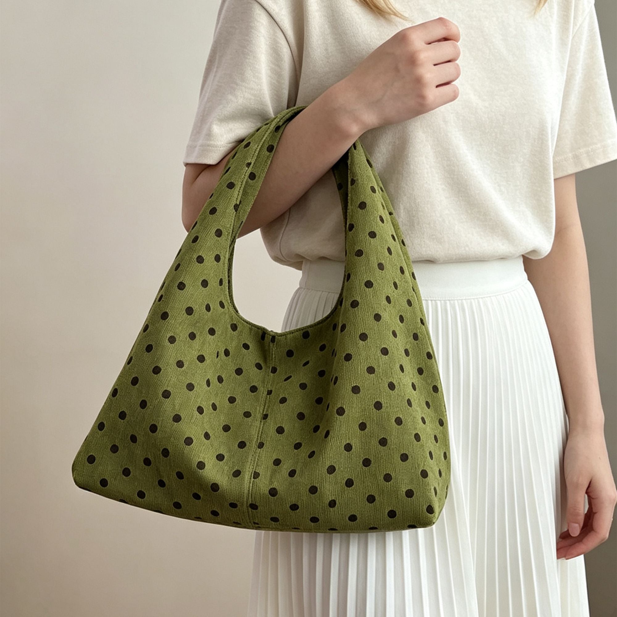 Polka Dot Corduroy Hobo Shoulder Bag with Wide Strap and Interior Pockets