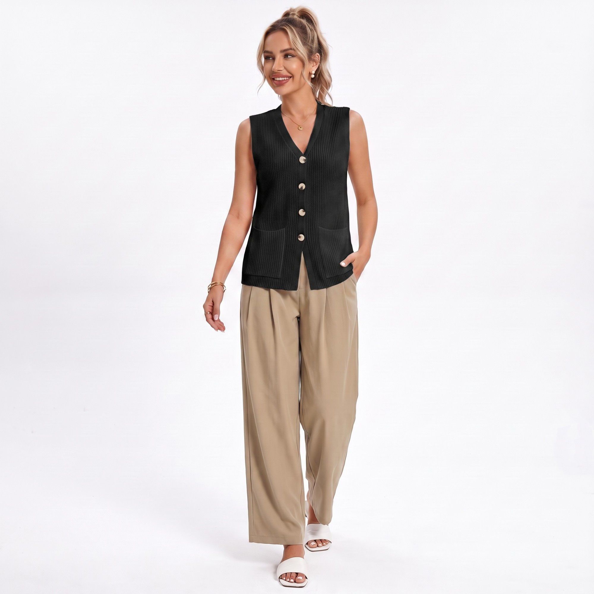 Anna-Kaci Women's Button Front Sweater Vest V Neck Sleeveless Knit Pocket Top