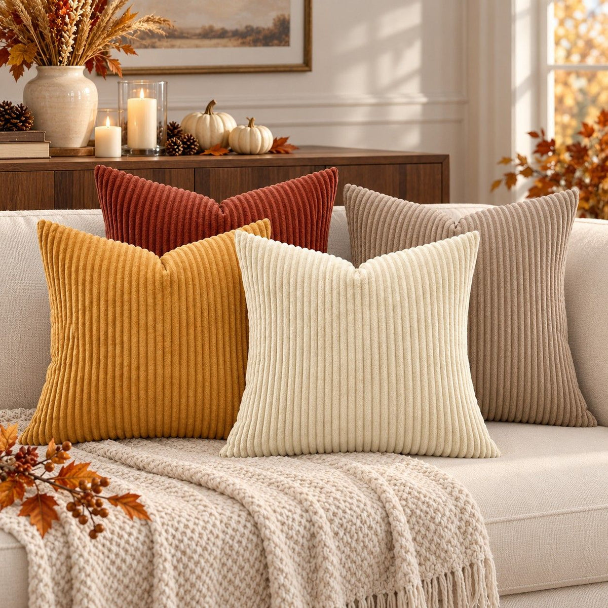 4 Pack Corduroy Throw Pillow Covers 18 x 18 Inch Wide Stripe Texture