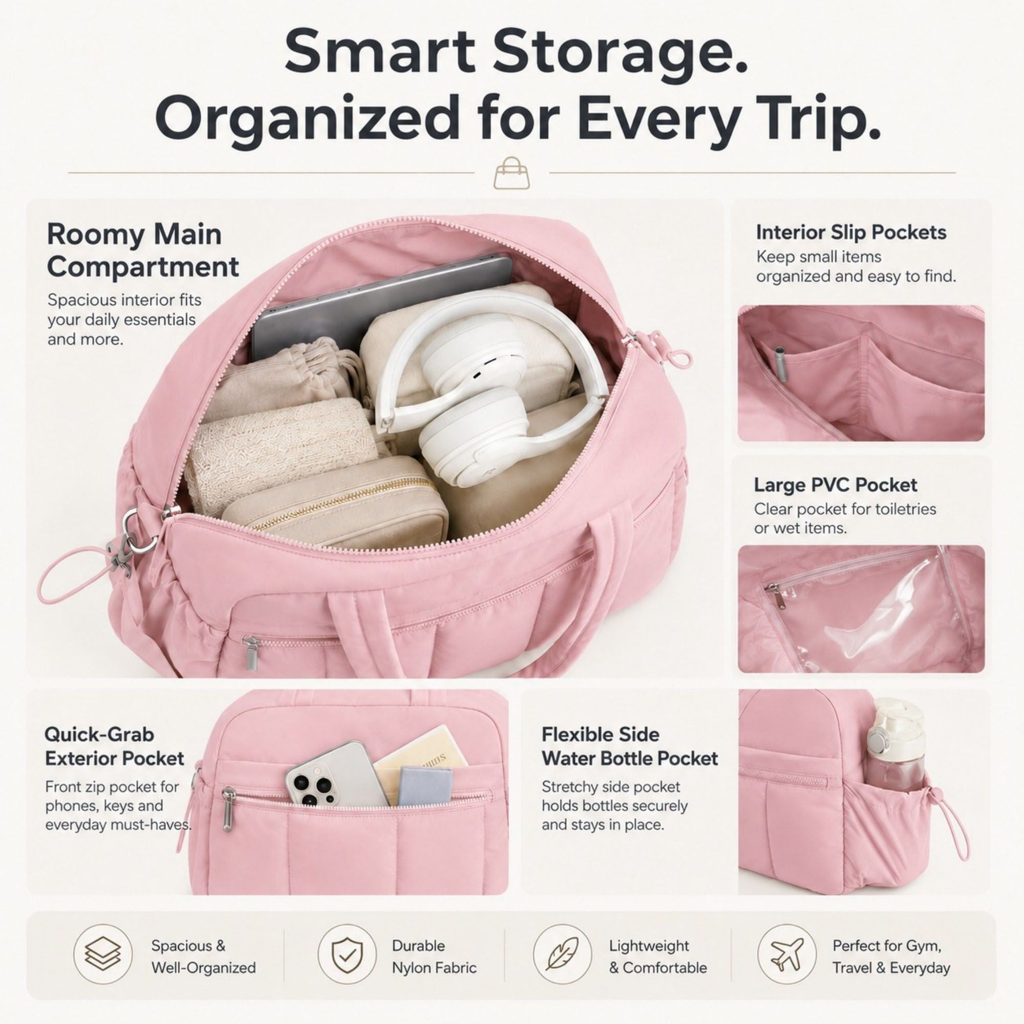 Nylon Travel Tote Gym Bag with Pockets and Shoulder Handles