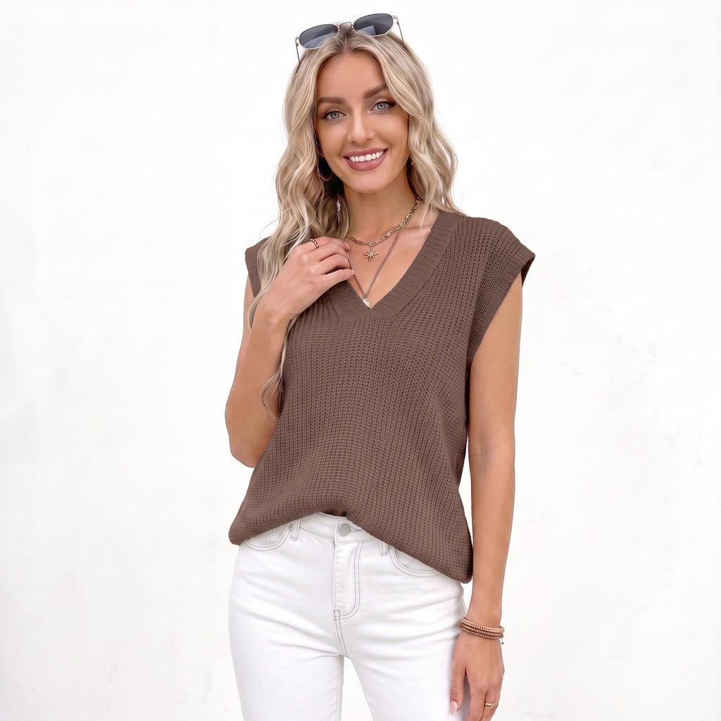 Anna-Kaci Women's V Neck Sweater Vest Sleeveless Textured Knit Pullover Top