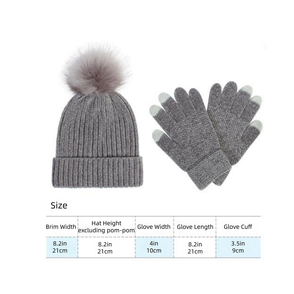 Anna-Kaci Knit Beanie and Touchscreen Gloves 2-Piece Winter Accessory Set with Ribbed Cuff Design and Fluffy Pom Pom Detail