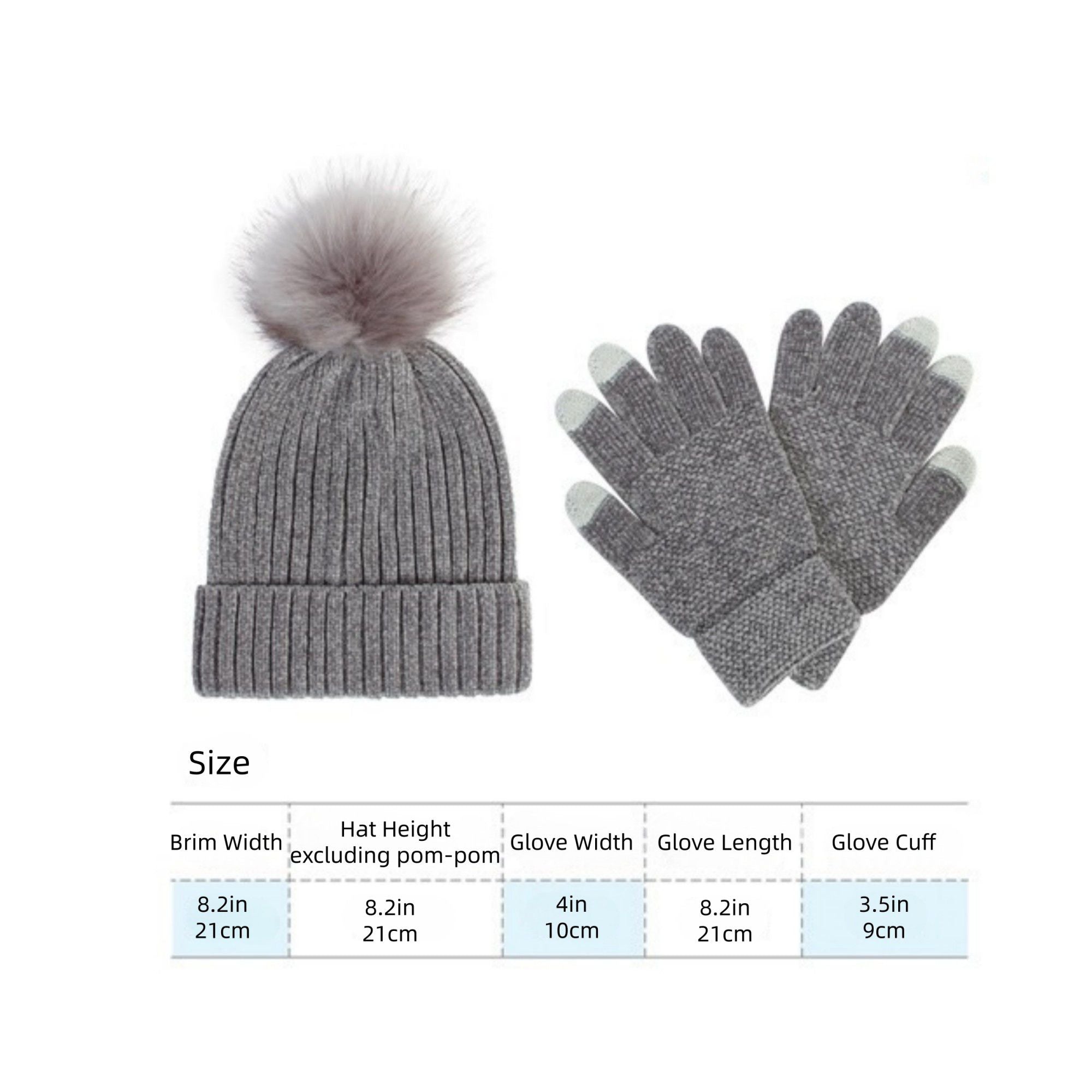 Anna-Kaci Knit Beanie and Touchscreen Gloves 2-Piece Winter Accessory Set with Ribbed Cuff Design and Fluffy Pom Pom Detail