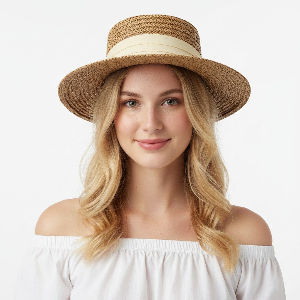 Straw Boater Hat Flat Top Wide Brim Summer Beach Sun Hat Lightweight
