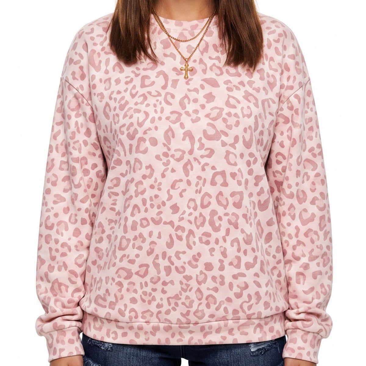Leopard Print Crew Neck Long Sleeve Pullover Sweatshirt