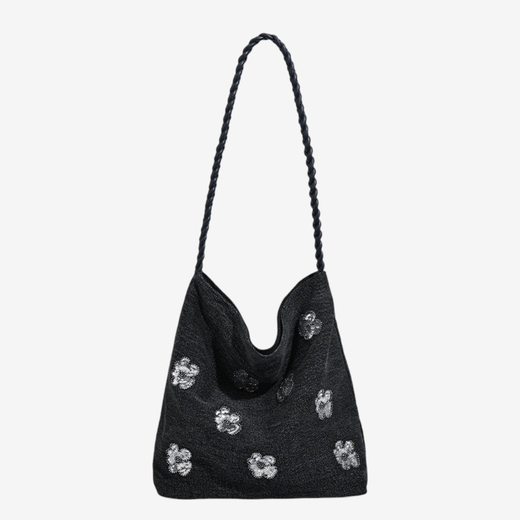 Black Sequin Embellished Braided Shoulder Bag Canvas Handbag