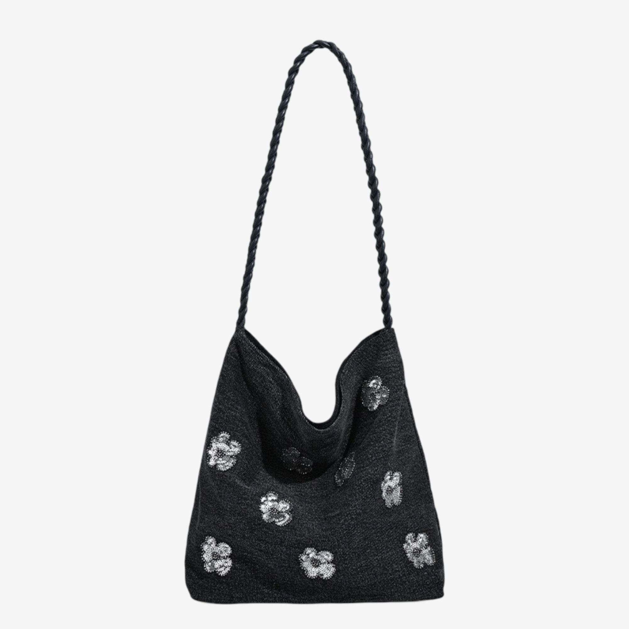 Black Sequin Embellished Braided Shoulder Bag Canvas Handbag