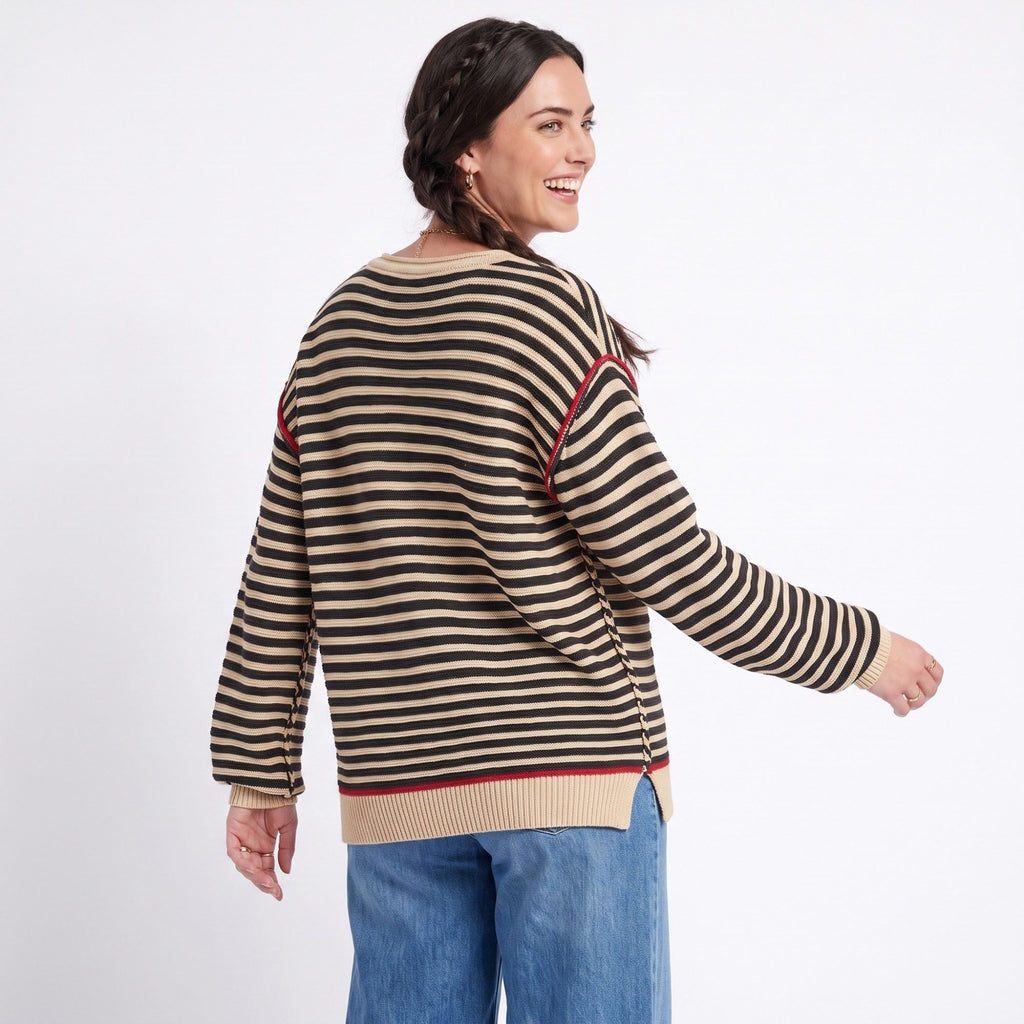 Striped Contrast Trim Drop Shoulder Long Sleeve Knit Sweater