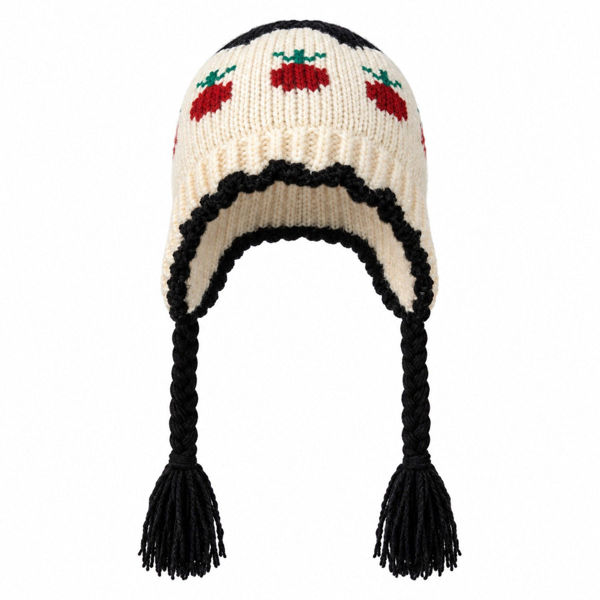 Fruit Pattern Knit Earflap Hat with Braided Tassels